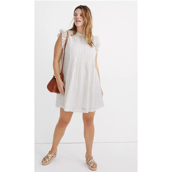 Madewell Woman’s Eyelet‎ Ruffle Sleeve Pintuck Mini Dress SZ Small - Picture 1 of 11
